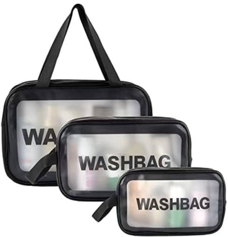 Toiletry Bags - Waterproof Cosmetic Laundry Bag Zipper Makeup For Women And Girls 3 Pieces Travel & Holiday Accessories PVC plastic and eco-friendly polyurethane leather Transparent  (Black ) - Image 1